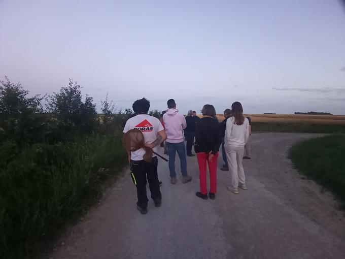 Groupe de personne sur un chemin de campagne au crépuscule