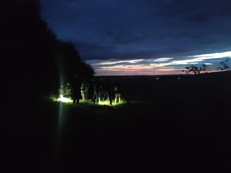 Groupe de personnes sur chemin de campagne de nuit avec des lampes torches